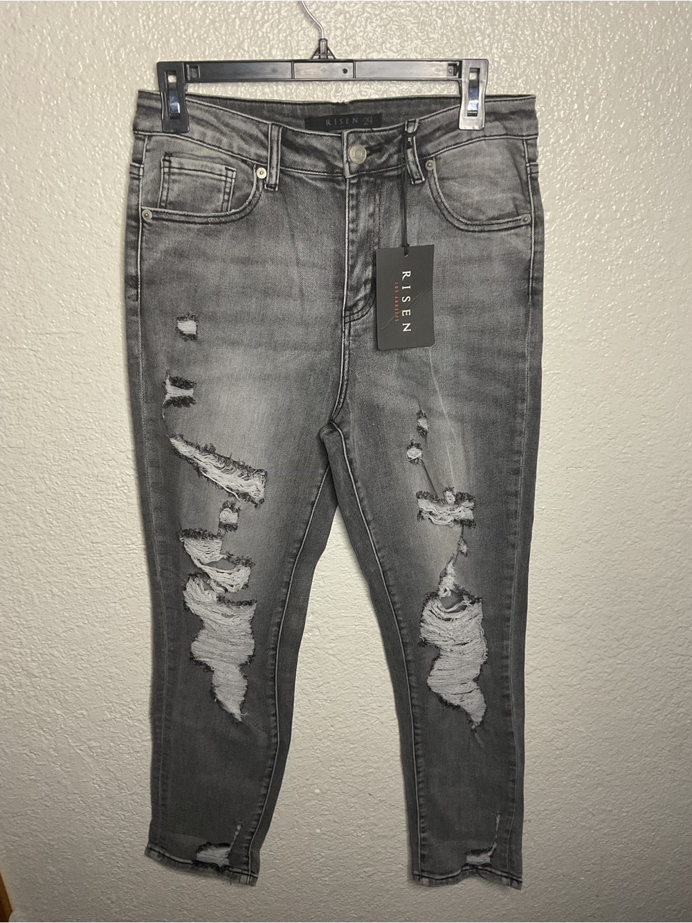 Risen High-Rise Grey Distressed Skinny Jeans